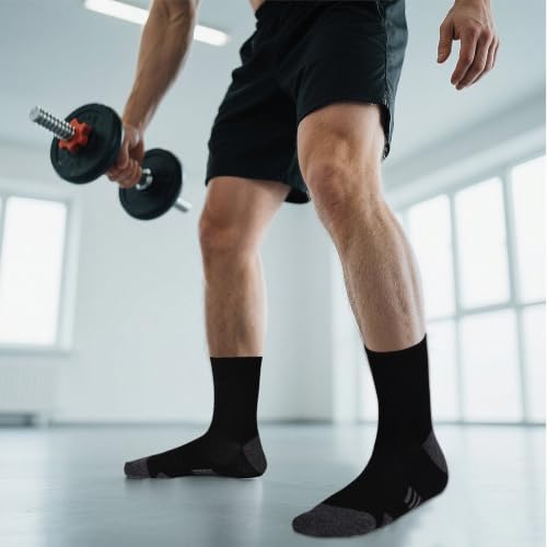 Mens Athletic Crew Socks - Cushioned, Breathable, 12 Pairs - Black, One Size