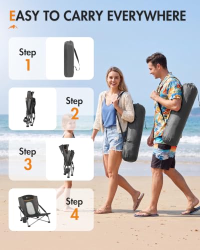 Portal Beach Chair for Adults Standard Back Black – Lightweight Folding Camping Chair with Cup Holder