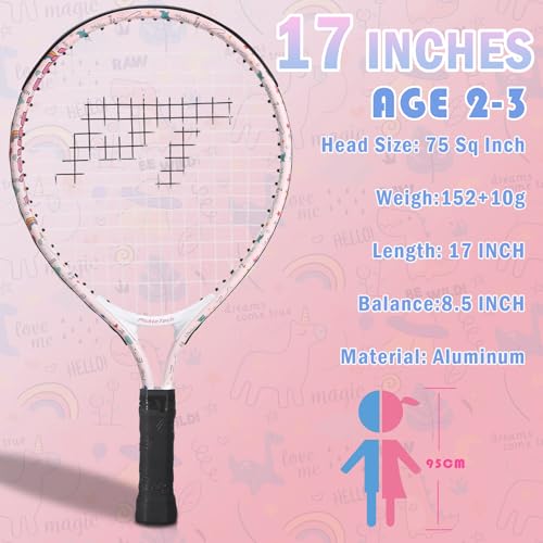 Kids Tennis Racket for Baby Girls & Boys - 17 inch Toddler Tennis Racket, Includes 420D Nylon Shoulder Strap Bag (Unicorn Pink)