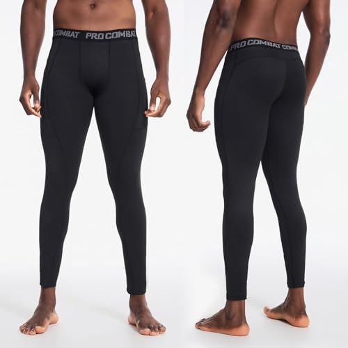 Compression Pants for Men - Running Tights with Pockets - Black - Large