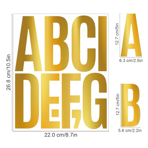 5 Inch Gold Letter Stickers Large, 12 Sheets 122 Pcs Big Alphabet Number Stickers,Vinyl Self Adhesive Letter and Number Decals for Party Decor Poster Board Home Wall Decor Bulletin Board (Gold)
