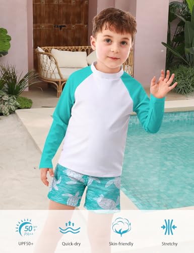 SunFocus Boys Long Sleeve Rash Guard Swimsuit Set 7-8 Years Green Turtle