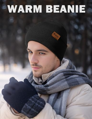 Knit Winter Beanie Hat for Men & Women - Warm Striped Cuffed - Black & Grey