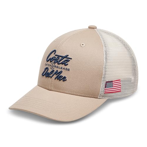 Costa Del Mar Men's Motto Trucker Hat Khaki Sand One Size Flatbrim Mesh Cap