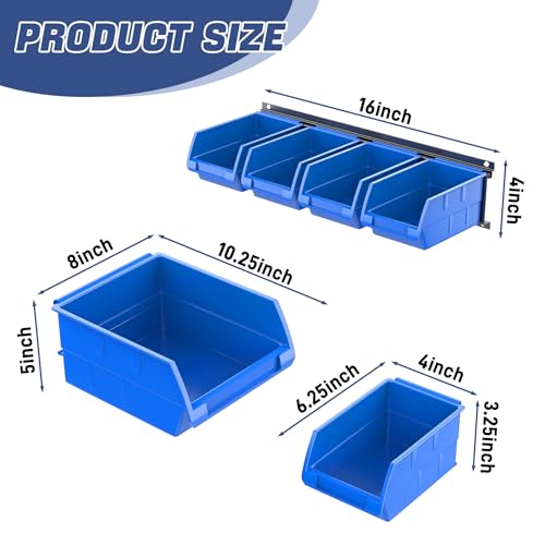 WALMANN Wall Mounted Storage Bins for Small Parts, 10 Bins with 3 Metal Rails, Plastic Wall Bins for Screws, Bolts, Nuts, Craft Room, Workshop, and Garage Storage Bins(Blue)