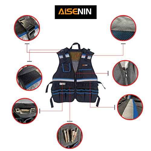 AISENIN Reflective Safety Tool Vest with Multi-pockets and Zipper,Heavy Duty Tool Vest for Electricians Carpenter