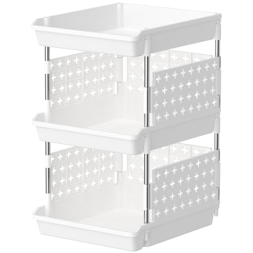 Lifewit Plastic Stackable Storage Baskets, 3 Tier Stacking Bins 13.8"D x 11.8"W x 21.3"H, Large Capacity Multi-Functional Containers Shelves for Pantry, Playroom, Kitchen and Bedroom, 1 Pack, White