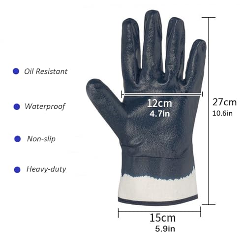 Blue Oil Gloves for Men - Heavy Duty, Oil Resistant, Nitrile Coated, Bulk Pack (6 & 12 Pairs, Large)