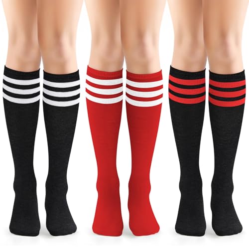 Knee High Socks for Women - Athletic Striped Tube Socks, 3 Pack Red & Black Stripes