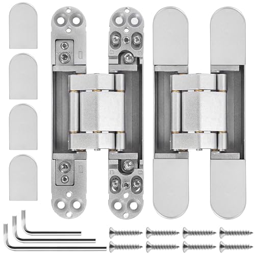 2Pcs 6 inch Hidden Door Hinges -Invisible Hinges for Doors, 180 Degree Swing Concealed Hinges, 3 Way Adjustable & Heavy Duty (?Silver)