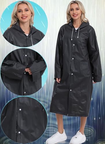 Reusable Rain Ponchos for Adults - 2-Pack Black Raincoats with Drawstring and Sleeves