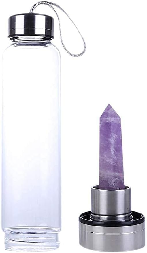 SAOI Amethyst Crystal Water Bottle - Reusable Glass & Stainless Steel Wellness Drinkware