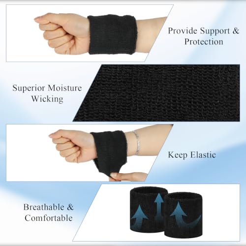 Wrist Sweatbands for Sports - 10 Pack, Absorbent Cotton, Black