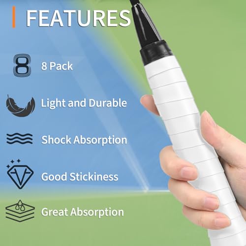 Tennis Racket Overgrip Tape - 6 Pack Precut Anti-Slip Absorbent - White