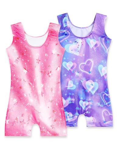 Girls Gymnastics Leotard - 2 Pack Sparkly Sleeveless Unitards - 5-6 Years Purple Heart & Pink B