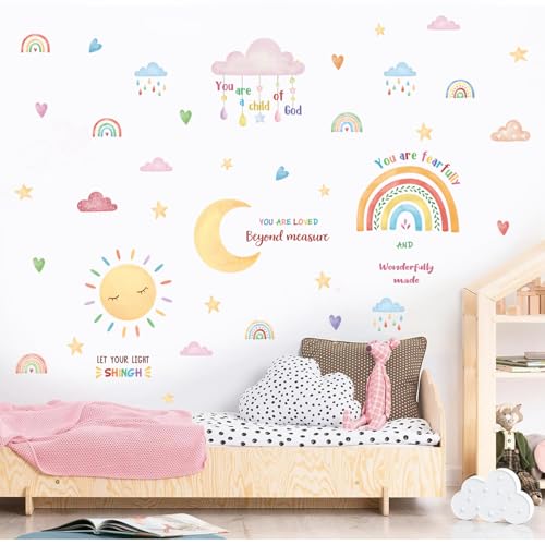 TOARTi Watercolor Sun Decals Kids Inspirational Christian Wall Sticker,Motivational Bible Quotes Wall Decals,Removable Rainbow Scripture Sticker for Playroom,Classroom Decoration