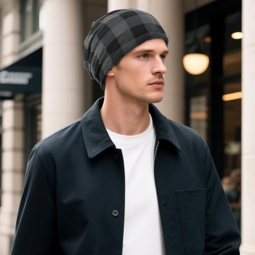 Plaid Slouchy Beanie for Men - Cotton Stretch Skull Cap