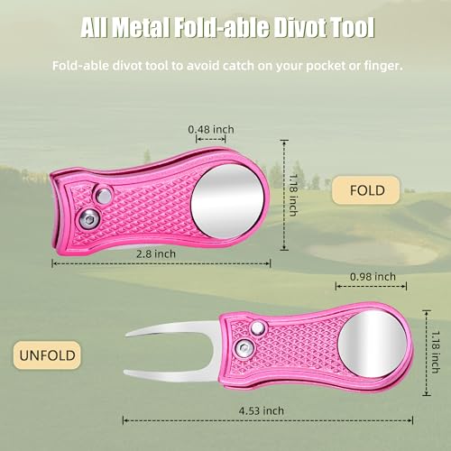 Golf Divot Repair Tool - Foldable Metal with Magnetic Ball Marker - Pink Bone