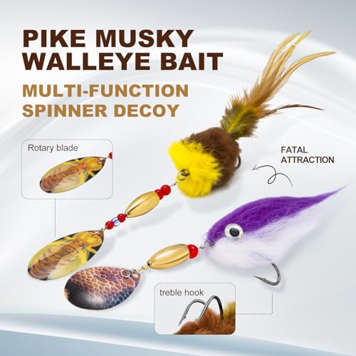 Pike Musky Walleye Fishing Lure Spinnerbait with Feathered Hooks - Style B Red
