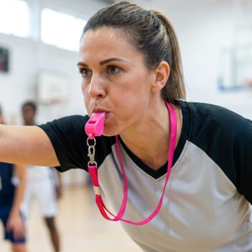 4 Pack Pink Plastic Whistles with Lanyards - Loud & Durable