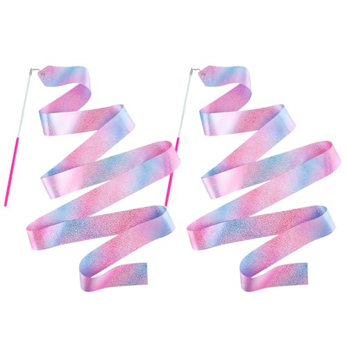 2PCS Sparkly Dance Ribbon Wands for Kids - 6.6ft Pink & Blue Streamers