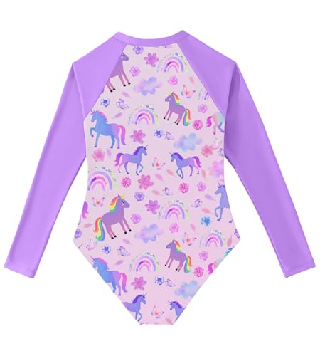 Girls 7-8 Years Purple Unicorn Long Sleeve Swimsuit with Rash Guard - Kids One Piece Swimwear
