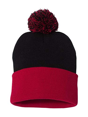 12" Knit Beanie with Pom-Pom - Black/Red