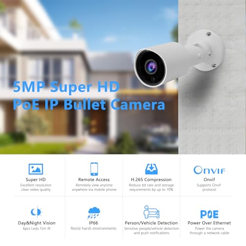 5MP PoE IP Bullet Camera Outdoor, H.265 PoE IP Security Camera with 2.8mm Lens, 80ft Night Vision, 105¡Æ Wide Angle, Compatible with Third-Party NVRs and Software