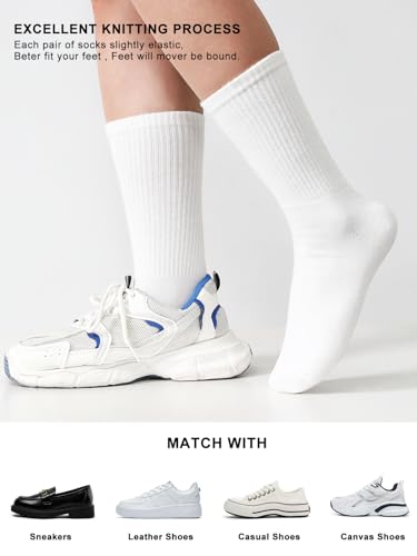 Casual Athletic Crew Socks for Women - 3 Pairs, Size 6-11 (White)