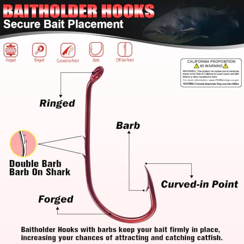 Baitholder Fishing Hooks - Double-Barbed Long Shank, 100 Pack, Red, Size 8