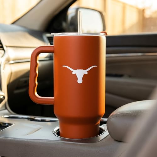 Texas Longhorns NCAA 40 oz Insulated Tumbler with Handle & Straw Lid - Powder Coated, Leak-Resistant, Keeps Drinks Hot/Cold