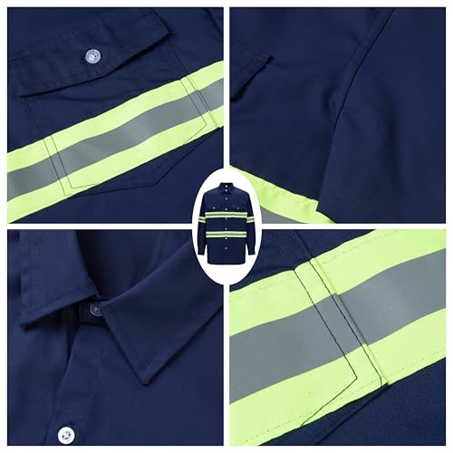 Class 3 Hi Vis Button Up Safety Work Shirts for Men Reflective
