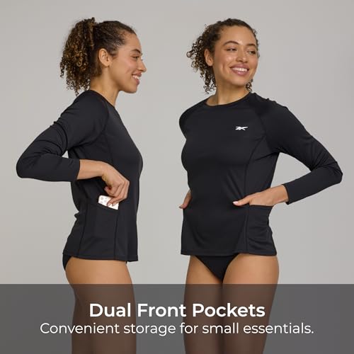 Reebok Women's Long Sleeve Rash Guard Swim Shirt with Pocket - Medium Black