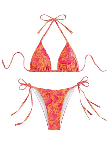 Polka Dot Beaded Bikini Set - Women's Halter Triangle Swimsuit