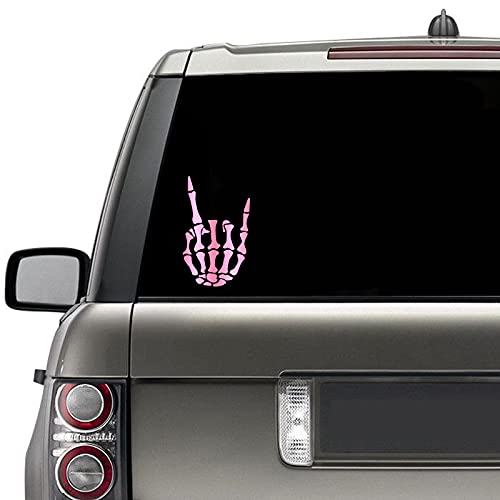 Rock on Skeleton Hand Sticker - Vinyl Car Decal 8" x 4.8" Chrome Pink