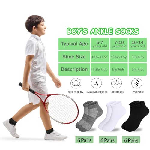 Bemeol Boys Ankle Socks 18 Pairs - Black, White, Grey, Sizes 10-14 Years