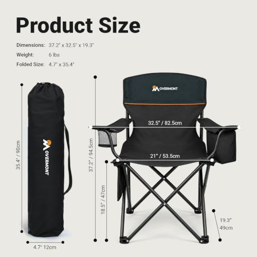 Overmont Lightweight Camping Chair with 3-Can Cooler, Black & Navy, 250 lb Capacity