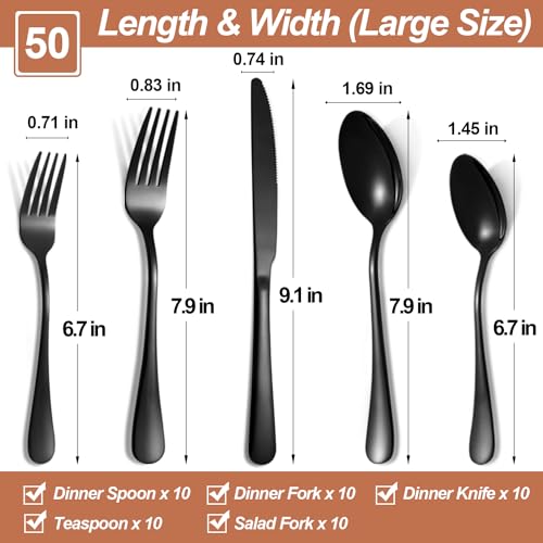 Mirror Polished Black 50-Piece Stainless Steel Flatware Set for 10 - Titanium Plated