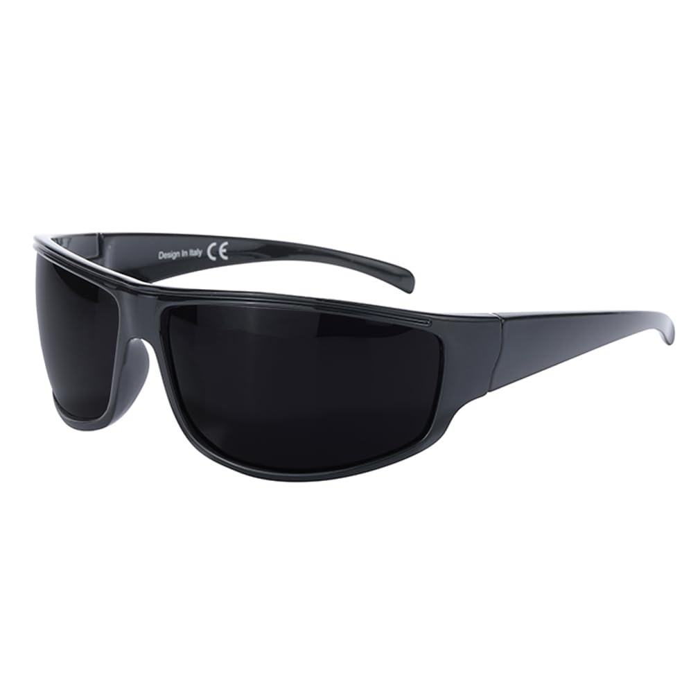 PLOPLO Super Dark Black Sunglasses Biker Rider Wrap Around Sport Sunglass UV400 Protection For Sensitive Photophobia (Glossy Black, Black)