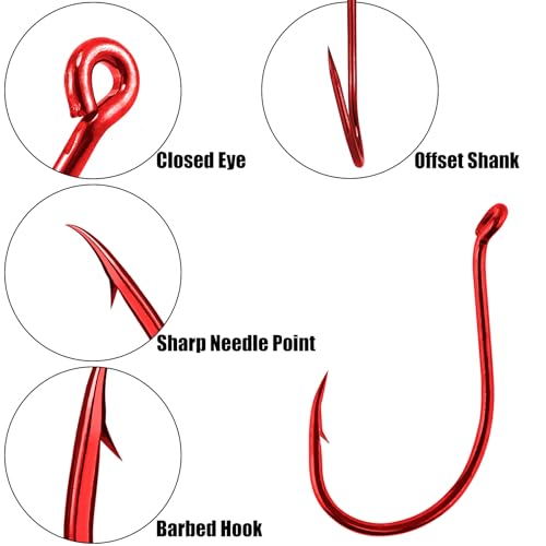 Offset Octopus Fishing Hooks - 100 Pack, Red #2 for Freshwater & Saltwater