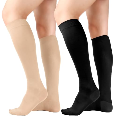 +MD 15-20 mmHg Women Compression Socks Knee High Stockings Beige/Black Large