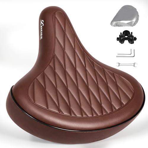 LEWEE Brown Beach Cruiser Bike Seat, Wide Comfortable Vintage Saddle - Extra Plush