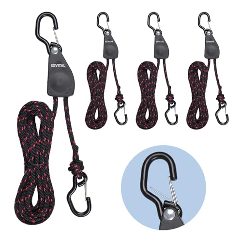 EXVITAL 4pcs 1/4"×12' Kayak Rope Tie Down Ratchet Straps - Black, Heavy Duty