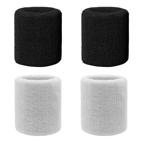 3-Inch Wrist Sweatbands - Absorbent Athletic Bands - White & Black - 4 Pack