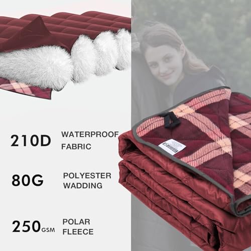 DUKUSEEK Waterproof Camping Blanket with Hood - Large Fleece Picnic Blanket for Outdoor, Stadium, Concerts, Car, Pet (Wine Red Plaid)