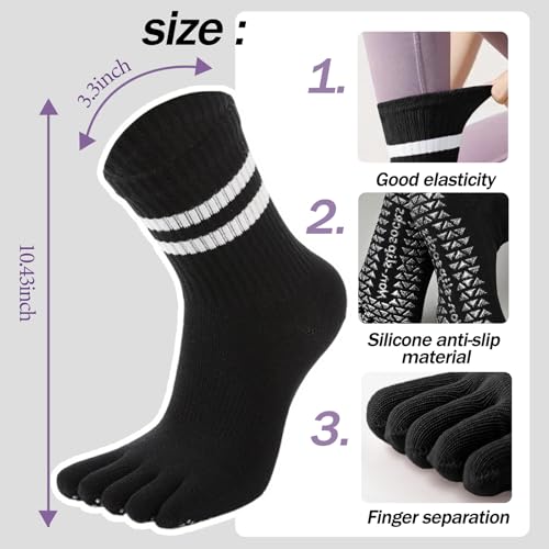 WOKNOW Pilates Socks with Grips for Women, 3 Pairs Toe Socks Five-Finger Non-Slip (Black, Milk White, Gray)