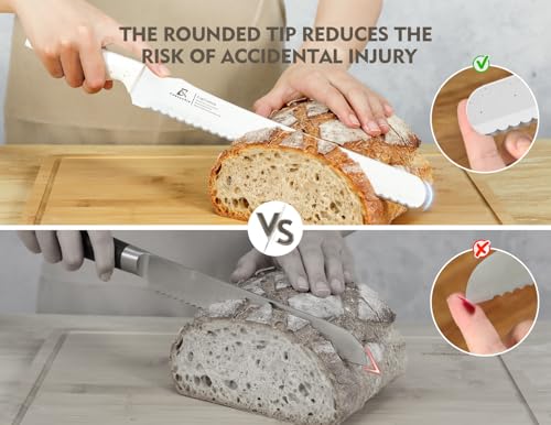 White CoquusAid Double Serrated Bread Knife 11.6 Inch for Crusty Sourdough
