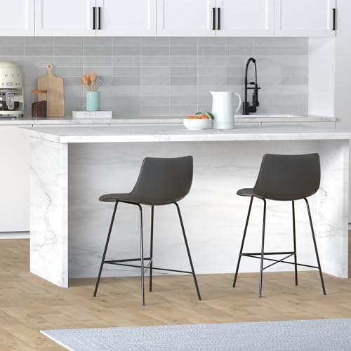 Counter Stools Set of 2 - 24 Inch Gray Faux Leather & Steel
