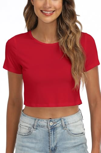 Womens Crew Neck Stretchy Crop Top Short Sleeve Shirt - Red / X-Small