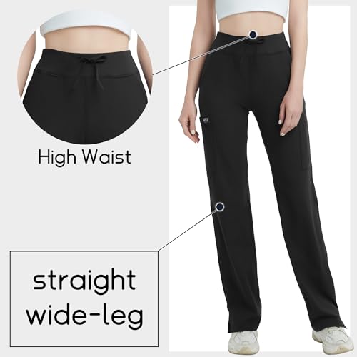 Tall Black QBK High-Rise Yoga Scrub Pants Women - Wide Leg Cargo & Knit Waistband